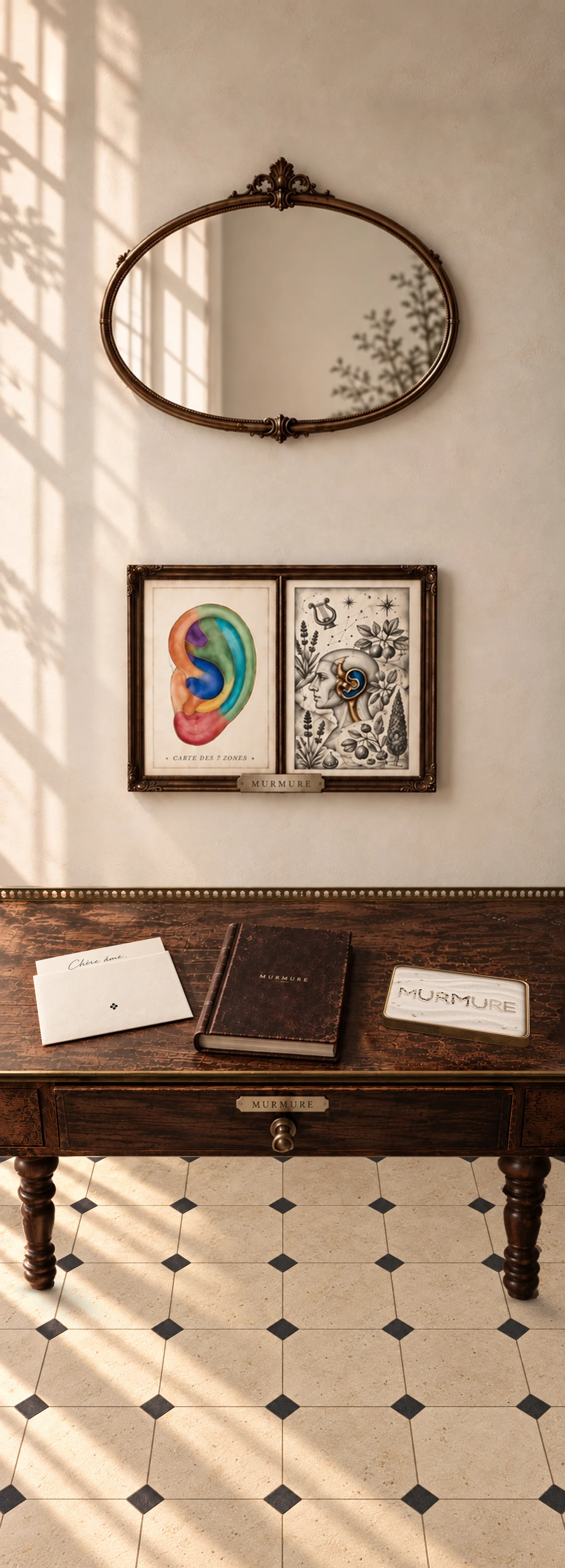 Une coiffeuse ancienne : un miroir, deux tableaux, une lettre, un livre et un plateau.